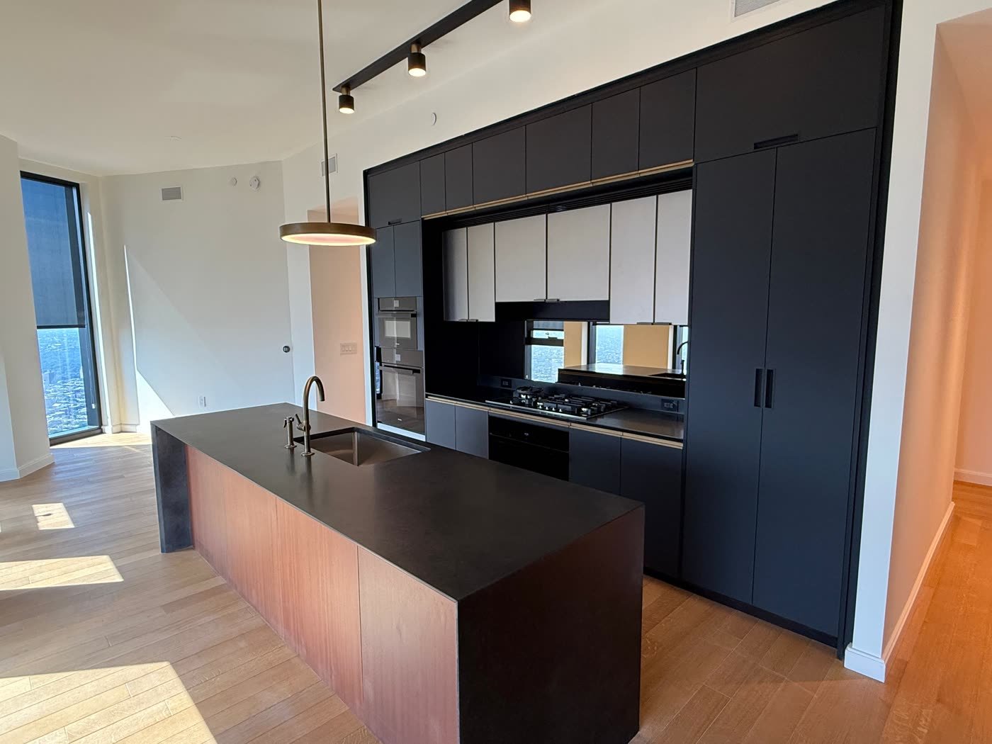 Modern matte black custom kitchen cabinets with integrated wine fridge